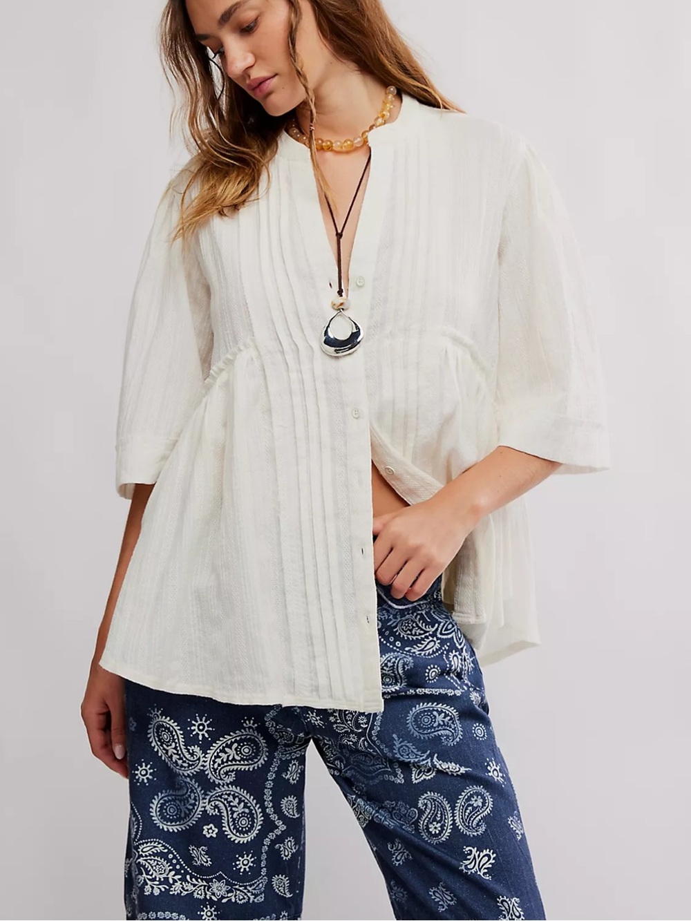We The Free Cream Pintuck Button-Front Tunic Chemise Boutonnée Willo